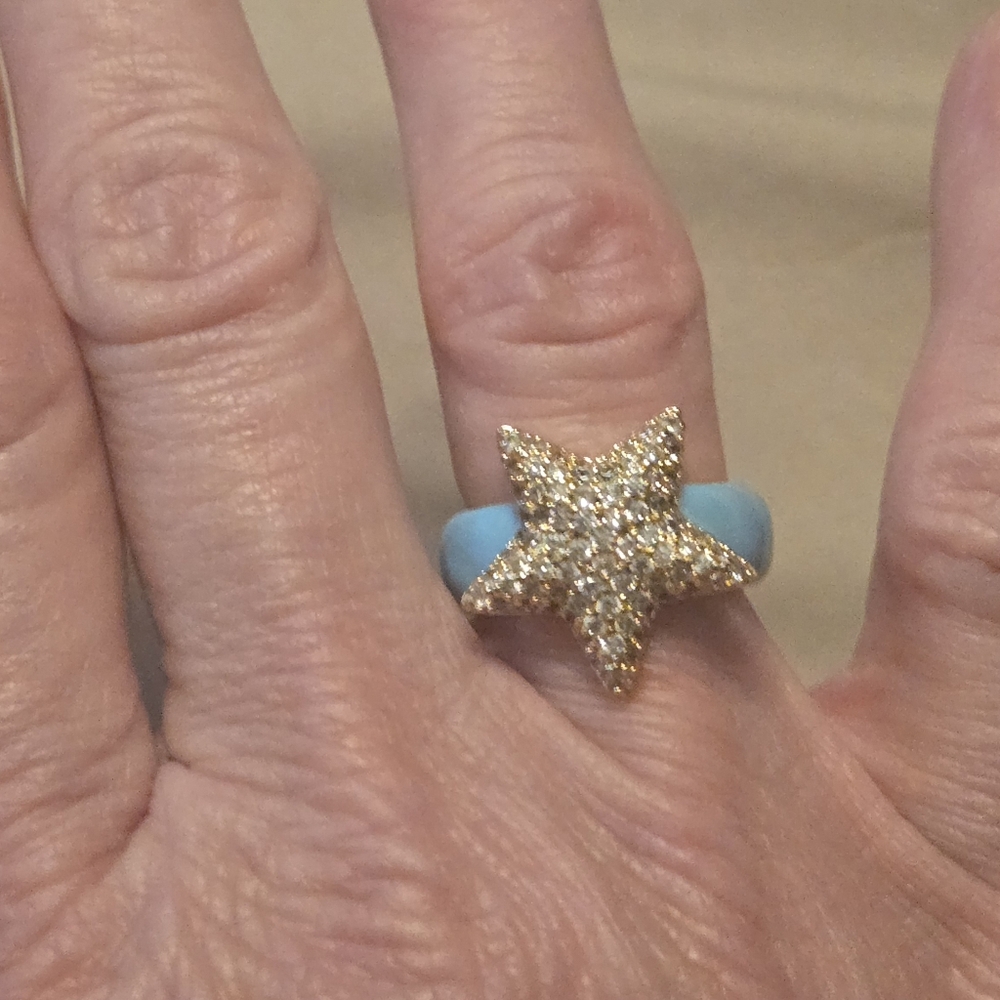 By Alexa Rae Blue Enamel Ring With Pave Star